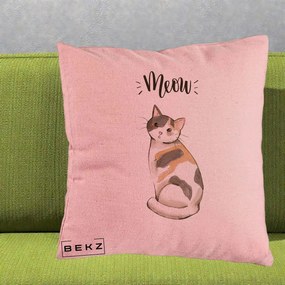 Perna Personalizata Pisica Meow Acuarela, 40x40 cm, Roz, Husa Detasabila, Perna Inclusa, BEKZ®