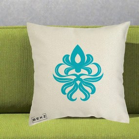 Perna Decorativa Ornament Turcoaz Fleur de Lis, 40x40 cm, Ecru, Husa Detasabila, Perna Inclusa, BEKZ®
