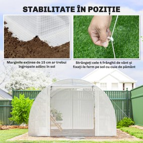Outsunny Seră de Grădină Tip Tunel 4x3x2 m cu 2 Bare Detașabile, Uși Rulabile și Ferestre cu Plasă, Seră pentru Grădină de Legume și Flori, Structură din Oțel Zincat și Acoperire PE, Alb | Aosom Romania