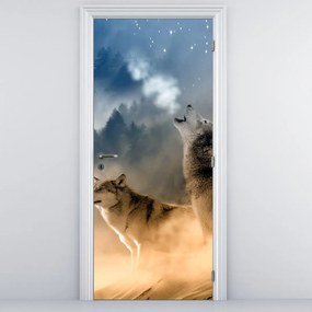 Fototapet pentru ușă - Lupii urlând la lună (95x205cm)
