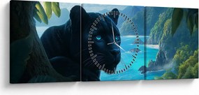 Tablou - Pantera neagră în junglă (cu ceas) (90x30 cm)