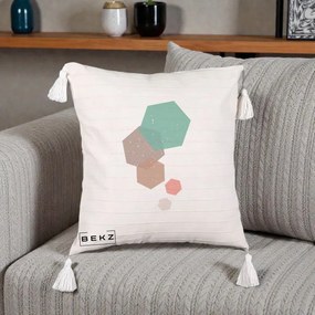 Perna Decorativa Geometric Hexagoane Pastel, 40x40 cm, Bej cu Franjuri, Husa Detasabila, Perna Inclusa, BEKZ®