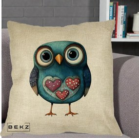 Perna Decorativa Bufnita Teal cu Doua Inimi, 40x40 cm, Crem, Husa Detasabila, Perna Inclusa, BEKZ®