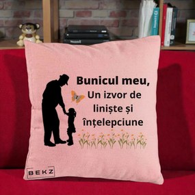 Cadou pentru Bunic - Perna Personalizata Bunicul Meu Izvor de Liniste cu Fluture si Fetita, 40x40 cm, Roz, Husa Detasabila, Perna Inclusa, BEKZ®