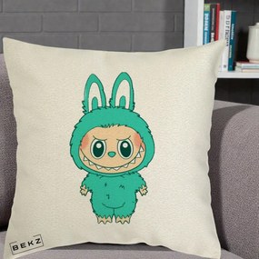 Perna Personalizata Labubu Turcoaz, 40x40 cm, Ecru, Husa Detasabila, Perna Inclusa, BEKZ®