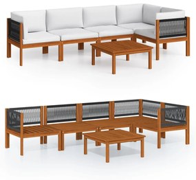 Set mobilier gradina cu perne, crem, 6 piese, lemn masiv acacia 2x mijloc + 3x colt + masa, 1