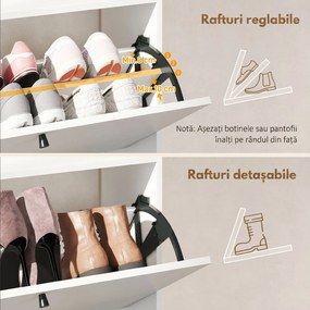 HOMCOM Dulap pentru încălțăminte Slim cu 2 sertare basculante și rafturi ajustabile, din lemn și metal, 80x24x101cm, alb | Aosom Romania