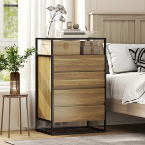 HOMCOM Comodă cu 4 Sertare, Raft Deschis, Oțel, Sticlă Securizată | Aosom Romania