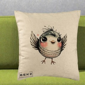 Perna Decorativa Pasare Gri cu Aripi si Inimioare, 40x40 cm, Bej, Husa Detasabila, Perna Inclusa, BEKZ®