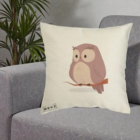 Perna Decorativa Bufnita Kawaii pe Creanga, 40x40 cm, Ecru, Husa Detasabila, Perna Inclusa, BEKZ®