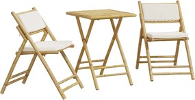 vidaXL Set de bistro pliabil, 3 piese, cu perne alb crem, bambus