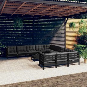 3097029 vidaXL Set mobilier grădină cu perne, 12 piese, negru, lemn de pin