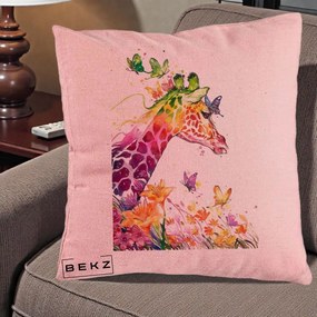 Perna Decorativa Girafa Curcubeu Acuarela, 40x40 cm, Roz, Husa Detasabila, Perna Inclusa, BEKZ®