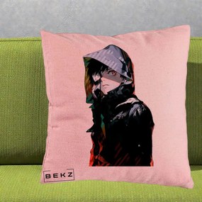 Perna Personalizata Tokyo Ghoul Ken Kaneki cu Masca si Gluga, 40x40 cm, Roz, Husa Detasabila, Perna Inclusa, BEKZ®