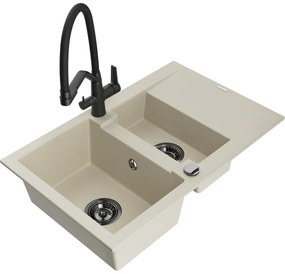 Mexen Gaspar chiuvetă de granit cu 1,5 compartimente și scurgător și baterie de bucătărie Duo, bej - 6507-69-671701-70-B