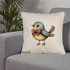 Perna Decorativa Pasare Bleu cu Fundita Rosie, 40x40 cm, Bej Canapea, Husa Detasabila, Perna Inclusa, BEKZ®