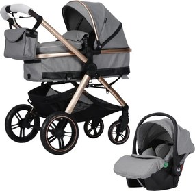 Carucior nou nascuti 3 in 1 NOVOKIDS™ X2000 series, Cu geanta bebe, Cadru Aluminiu Gold, Amortizoare, Roti din cauciuc plin AVE, Landou, Scoica auto,