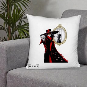 Perna Personalizata Hellsing Alucard cu Pistoale, 40x40 cm, Alb Pufos, Husa Detasabila, Perna Inclusa, BEKZ®