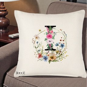 Cadou Personalizat - Perna Personalizata Monogram Litera I cu Flori Acuarela, 40x40 cm, Crem Reliefat, Husa Detasabila, Perna Inclusa, BEKZ®