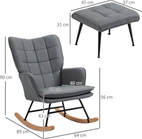 HOMCOM Scaun Balansoar cu Taburet în Stofă Tip In și Lemn de Cauciuc, Fotoliu Balansoar cu Pernă, Spătar Înalt, Cotiere, Capacitate 130 kg, pentru Dormitor Living, Gri | Aosom Romania