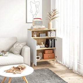 HOMCOM Bufet de bucătărie scandinav cu 2 uși, raft reglabil și picioare din lemn de pin, 80x38x102 cm, alb și stejar | Aosom Romania