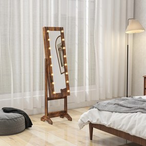 HOMCOM Dulap pentru Bijuterii cu Oglindă Reglabilă și Lumini LED 36x30x136 cm Maro Rustic | Aosom Romania