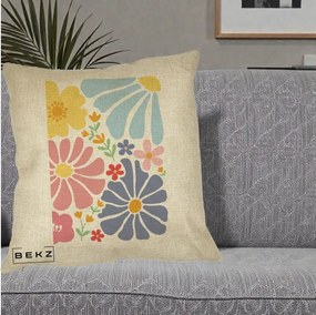 Perna Decorativa Flori Grafice Pastel Multicolor, 40x40 cm, Crem, Husa Detasabila, Perna Inclusa, BEKZ®