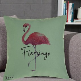 Perna Decorativa Flamingo Acuarela, 40x40 cm, Verde, Husa Detasabila, Perna Inclusa, BEKZ®