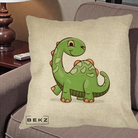 Perna Decorativa Brontosaur Verde Simpatic, 40x40 cm, Crem, Husa Detasabila, Perna Inclusa, BEKZ®