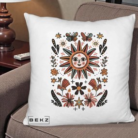 Perna Decorativa Soare Boho Folk Fluturi, 40x40 cm, Alb Pufos, Husa Detasabila, Perna Inclusa, BEKZ®
