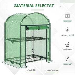 Outsunny Mini Seră de Grădină cu 2 Rafturi Metalice și Acoperiș PE, Seră Compactă pentru Balcon și Terasă, 69x49x91 cm, Verde | Aosom Romania