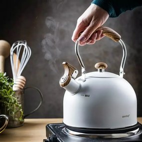 Resigilat: Ceainic cu fluier Kinghoff KH 1860, 2.5 l, Inductie, Maner din lemn, Alb