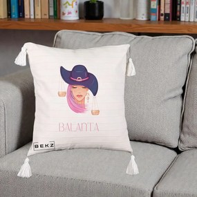 Perna Personalizata Zodiac Balanta Cowgirl, 40x40 cm, Bej cu Franjuri, Husa Detasabila, Perna Inclusa, BEKZ®