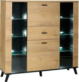 Comoda SIRAN TYP 3, stejar lefkas/negru, DTD laminat/plastic, cu ilumi