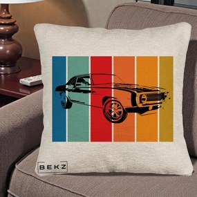 Perna Personalizata Masina Retro Muscle Car Grafic, 40x40 cm, Bej Canapea, Husa Detasabila, Perna Inclusa, BEKZ®