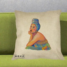 Perna Decorativa Portret Femeie Contemplativa, 40x40 cm, Crem, Husa Detasabila, Perna Inclusa, BEKZ®