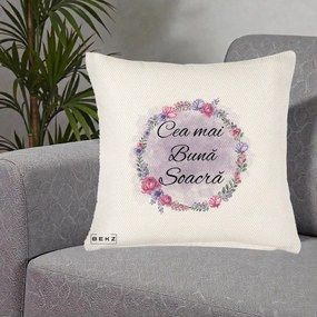 Cadou pentru Soacra - Perna Personalizata Cea mai Buna Soacra cu Coronita Flori Roz si Mov, 40x40 cm, Crem Reliefat, Husa Detasabila, Perna Inclusa, BEKZ®