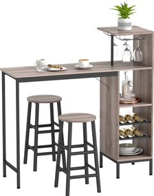 HOMCOM Set masă bar 3 piese cu depozitare, rafturi pentru vin, suporturi pentru pahare, scaune bar cu suport pentru picioare, pentru spații mici, Gri | Aosom Romania