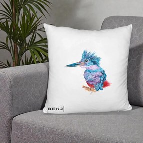 Perna Decorativa Pasare Martin Pescar Acuarela Albastru-Mov, 40x40 cm, Alb Pufos, Husa Detasabila, Perna Inclusa, BEKZ®