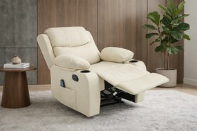 Fotoliu Masaj, Incalzire, rabatabil, sezut cu arcuri metalice, suport picioare extensibil, piele PU, Bej