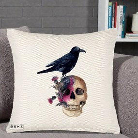 Perna Decorativa Craniu cu Corb si Flori Gothic, 40x40 cm, Crem Reliefat, Husa Detasabila, Perna Inclusa, BEKZ®