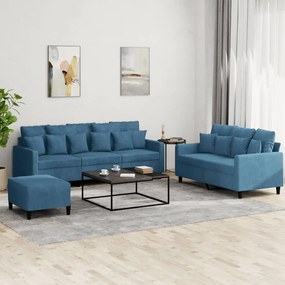 vidaXL Set de canapele cu perne, 3 piese, albastru, catifea