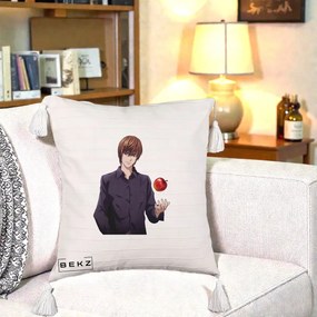 Perna Personalizata Death Note Light Yagami cu Mar, 40x40 cm, Bej cu Franjuri, Husa Detasabila, Perna Inclusa, BEKZ®