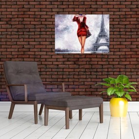 Tablou pe sticlă - Femeie și Turnul Eiffel (70x50 cm)