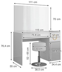 SEA440 - Set Masa toaleta, 115 cm, cosmetica machiaj, oglinda cu sau fara LED, masuta vanity, cu sau fara scaun - Alb Lucios