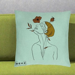 Perna Decorativa Portret Feminin Mac Privire Inalta, 40x40 cm, Verde Menta, Husa Detasabila, Perna Inclusa, BEKZ®