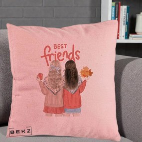 Cadou pentru Prieteni - Perna Personalizata Best Friends Toamna, 40x40 cm, Roz, Husa Detasabila, Perna Inclusa, BEKZ®