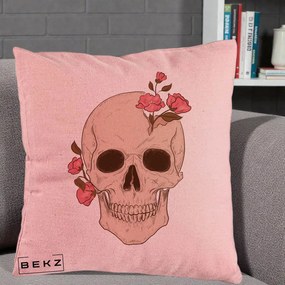 Perna Decorativa Craniu Floral Gothic, 40x40 cm, Roz, Husa Detasabila, Perna Inclusa, BEKZ®