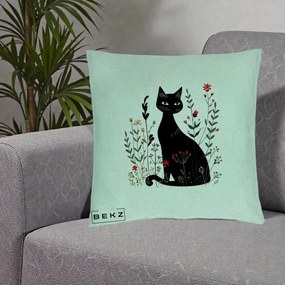 Perna Decorativa Pisica Neagra Botanica Rosu-Gri, 40x40 cm, Verde Menta, Husa Detasabila, Perna Inclusa, BEKZ®