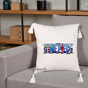 Perna Personalizata One Piece Clasic Albastru, 40x40 cm, Bej cu Franjuri, Husa Detasabila, Perna Inclusa, BEKZ®